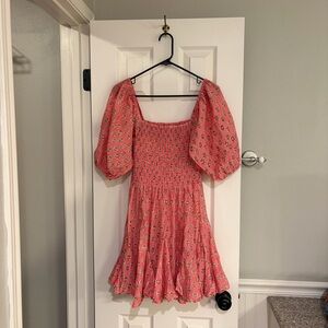 Erica Wilson Nantucket Pink Block Print Smocked Mini Dress Medium